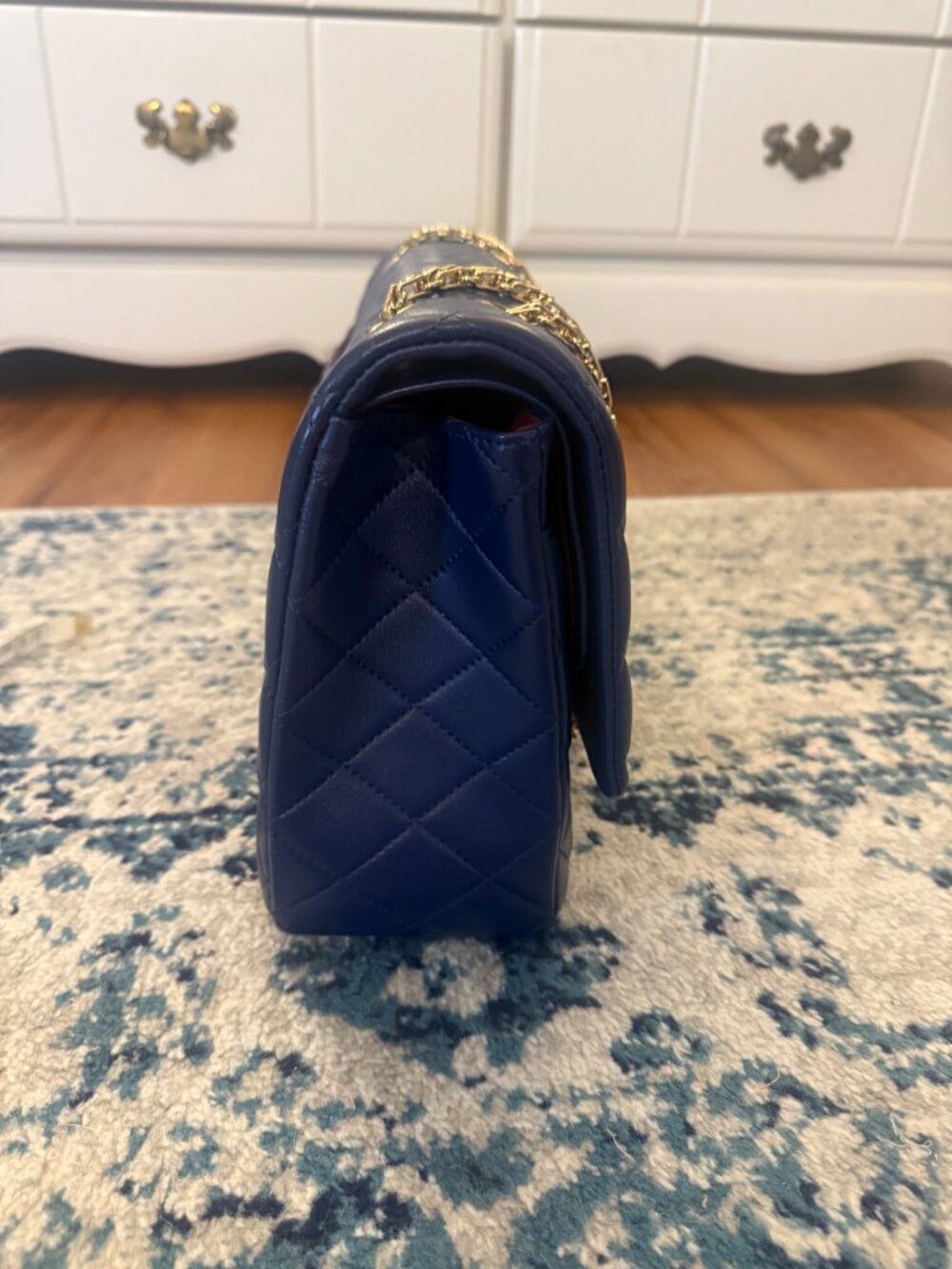 Ainifeel Navy Quilted Leather Bag with Gold Chain - Picture 7 of 16